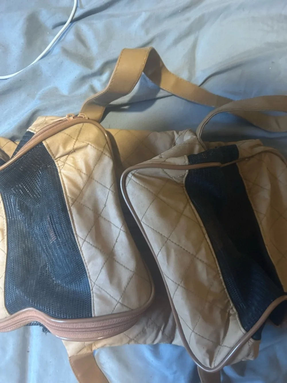 Quilted Beige and Black Dual Pocket Crossbody Bag